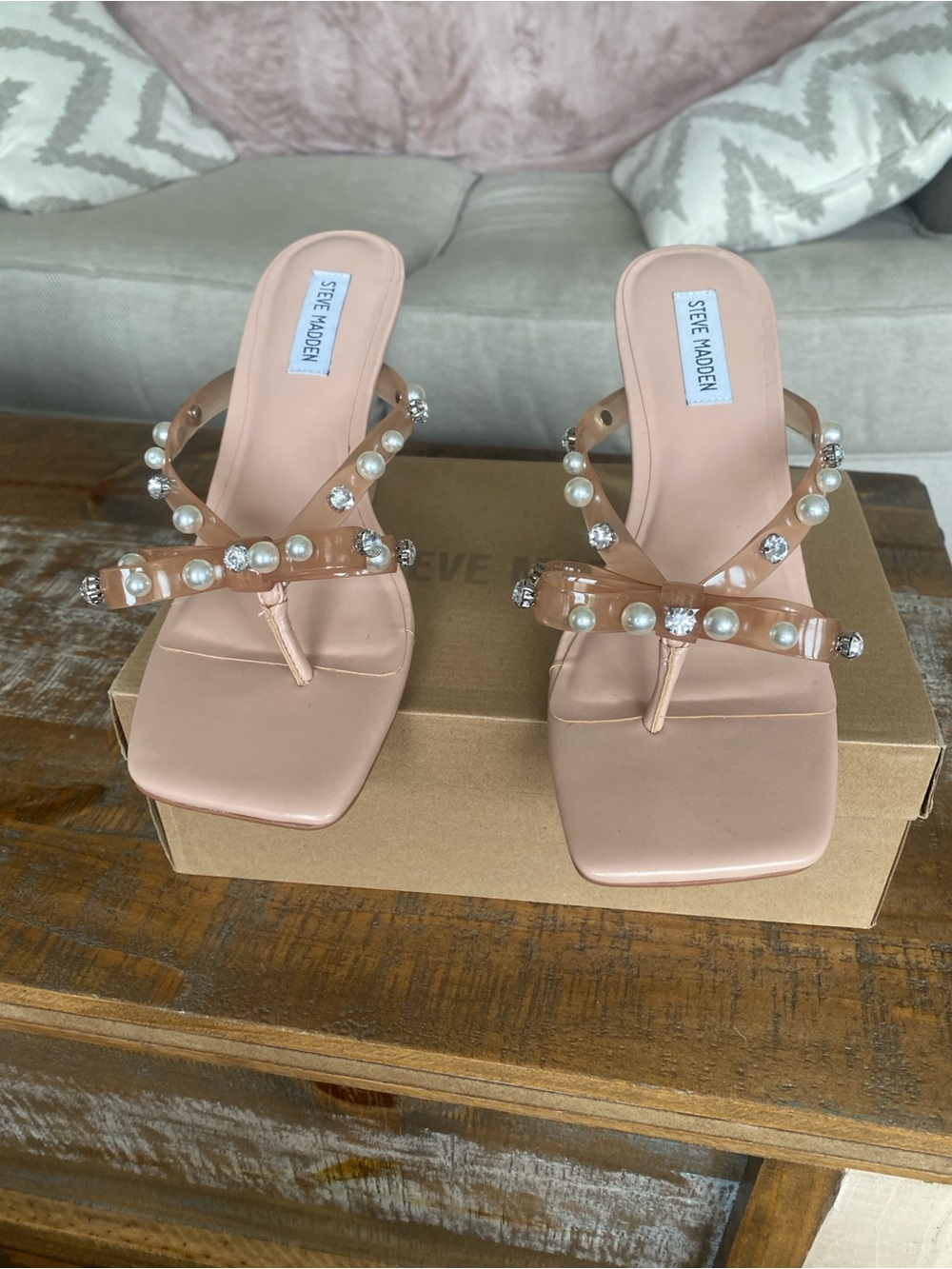 Steve Madden Pearl & Crystal Strappy Thong Heels in Blush